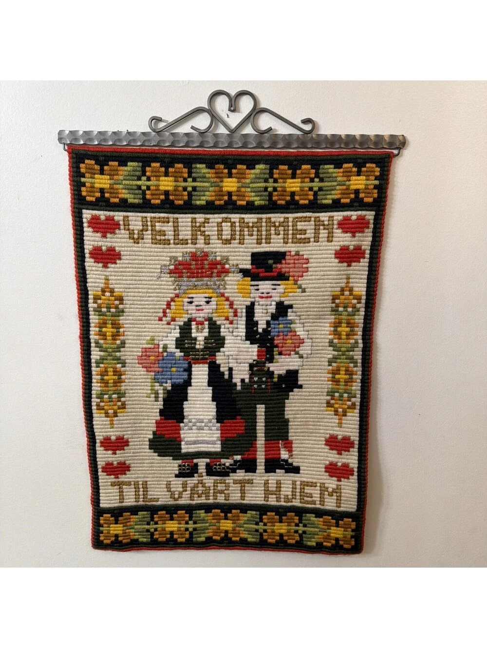 VTG Norwegian Embroidered Tapestry Scandinavian Folk Art Wall Hanging Welcome